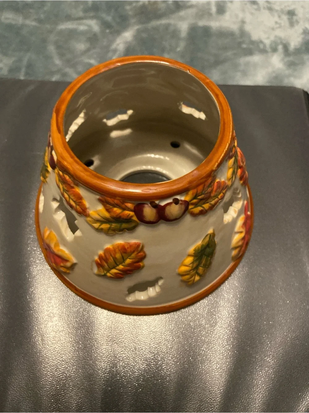 Ceramic Autumn Leaf Candle Holder and Saucer - Cream, Orange, Green